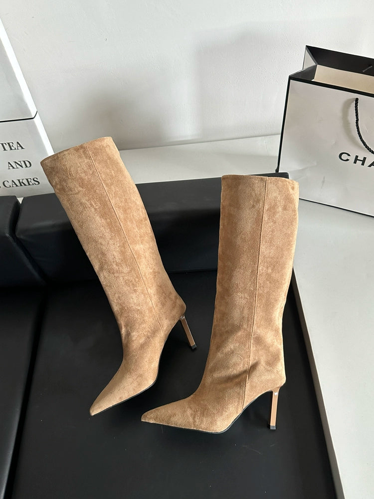 Pointed-toe high-heeled skinny boots mid-cut rider boots women's shoes 2025 new spring/autumn winter khaki long boots