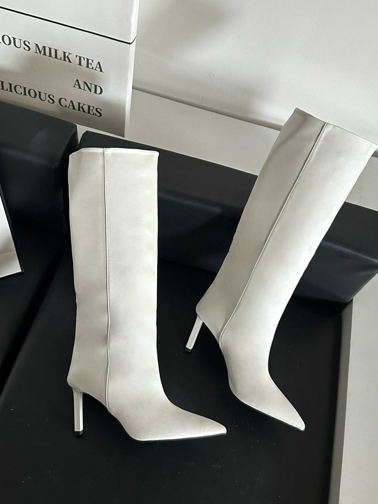 Pointed-toe high-heeled skinny boots mid-cut rider boots women's shoes 2025 new spring/autumn winter khaki long boots