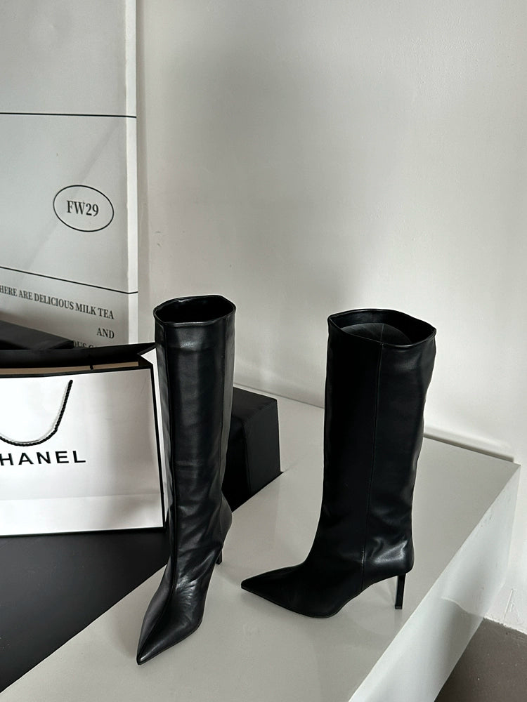 Pointed-toe high-heeled skinny boots mid-cut rider boots women's shoes 2025 new spring/autumn winter khaki long boots