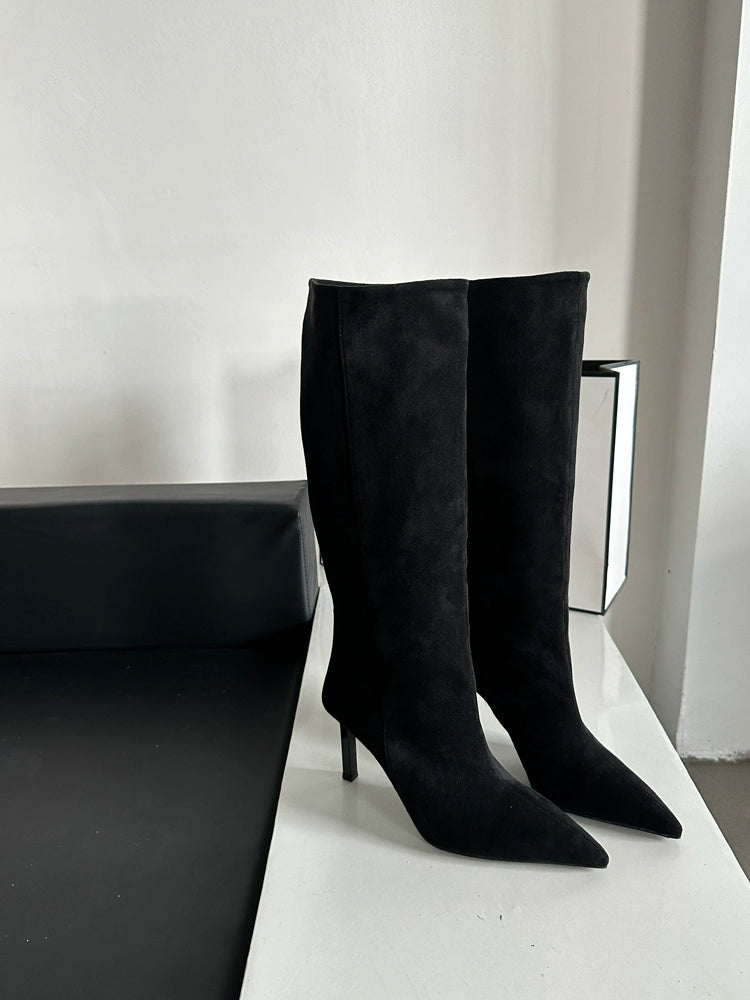 Pointed-toe high-heeled skinny boots mid-cut rider boots women's shoes 2025 new spring/autumn winter khaki long boots