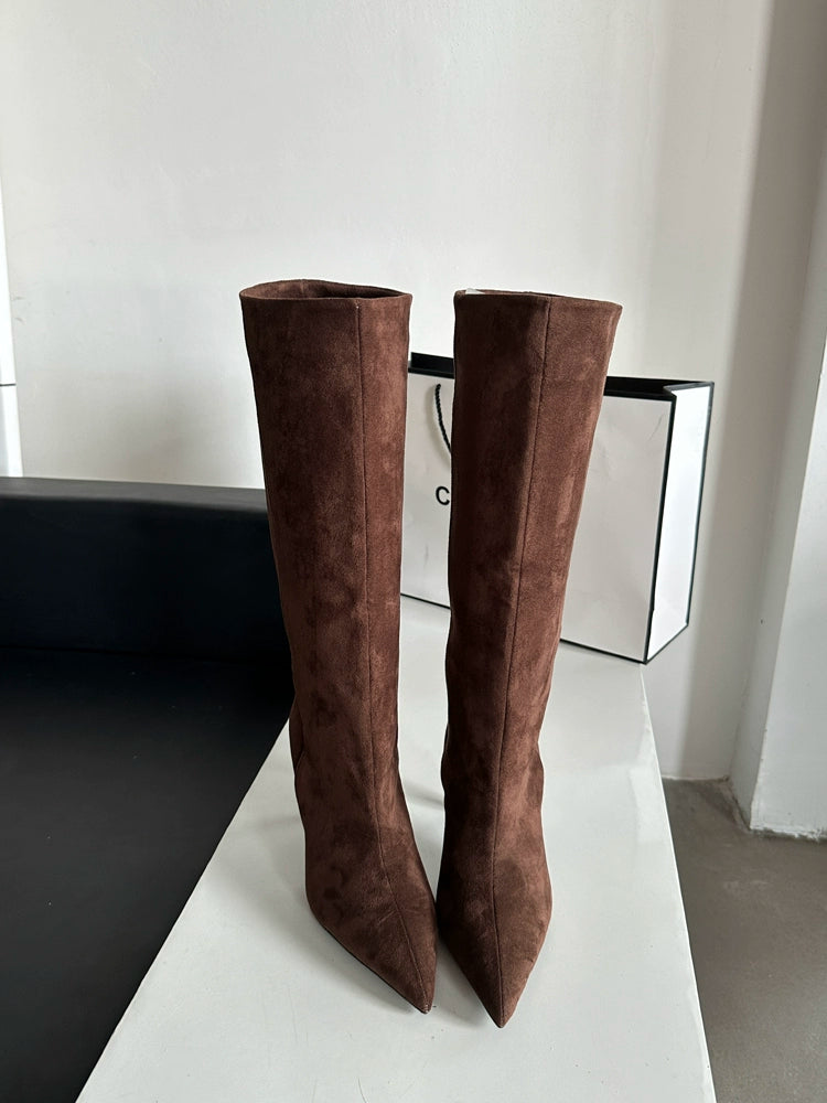 Pointed-toe high-heeled skinny boots mid-cut rider boots women's shoes 2025 new spring/autumn winter khaki long boots