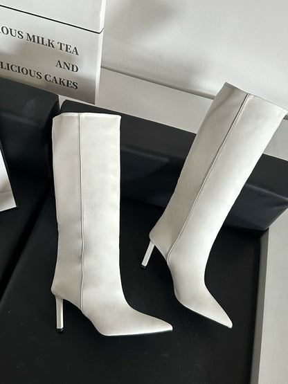 Pointed-toe high-heeled skinny boots mid-cut rider boots women's shoes 2025 new spring/autumn winter khaki long boots