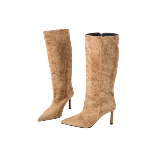 Pointed-toe high-heeled skinny boots mid-cut rider boots women's shoes 2025 new spring/autumn winter khaki long boots